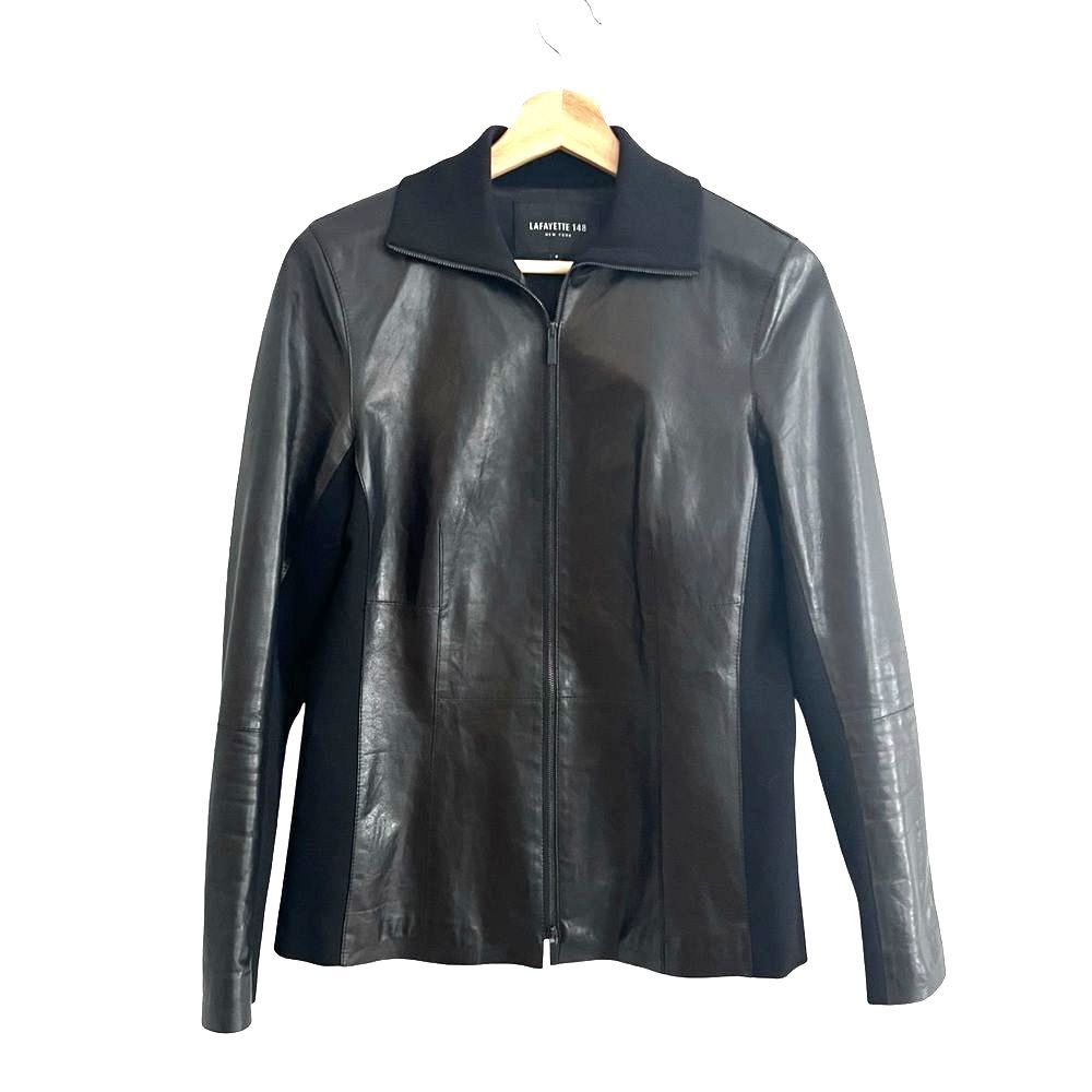 Lafayette 148 Womens Black Leather Jacket Size 4 Minimalist Quiet Luxury Capsule